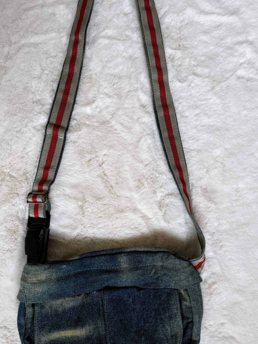 Denim Crossbody Bag with Striped Strap - Blue